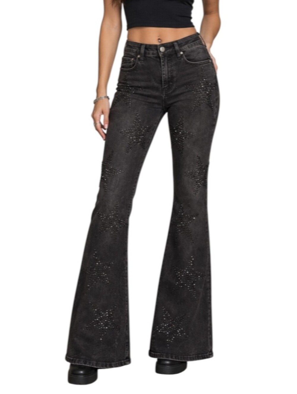 Sterling & Stitch Flare High-Rise Black Star-Studded Jeans-NWOT
